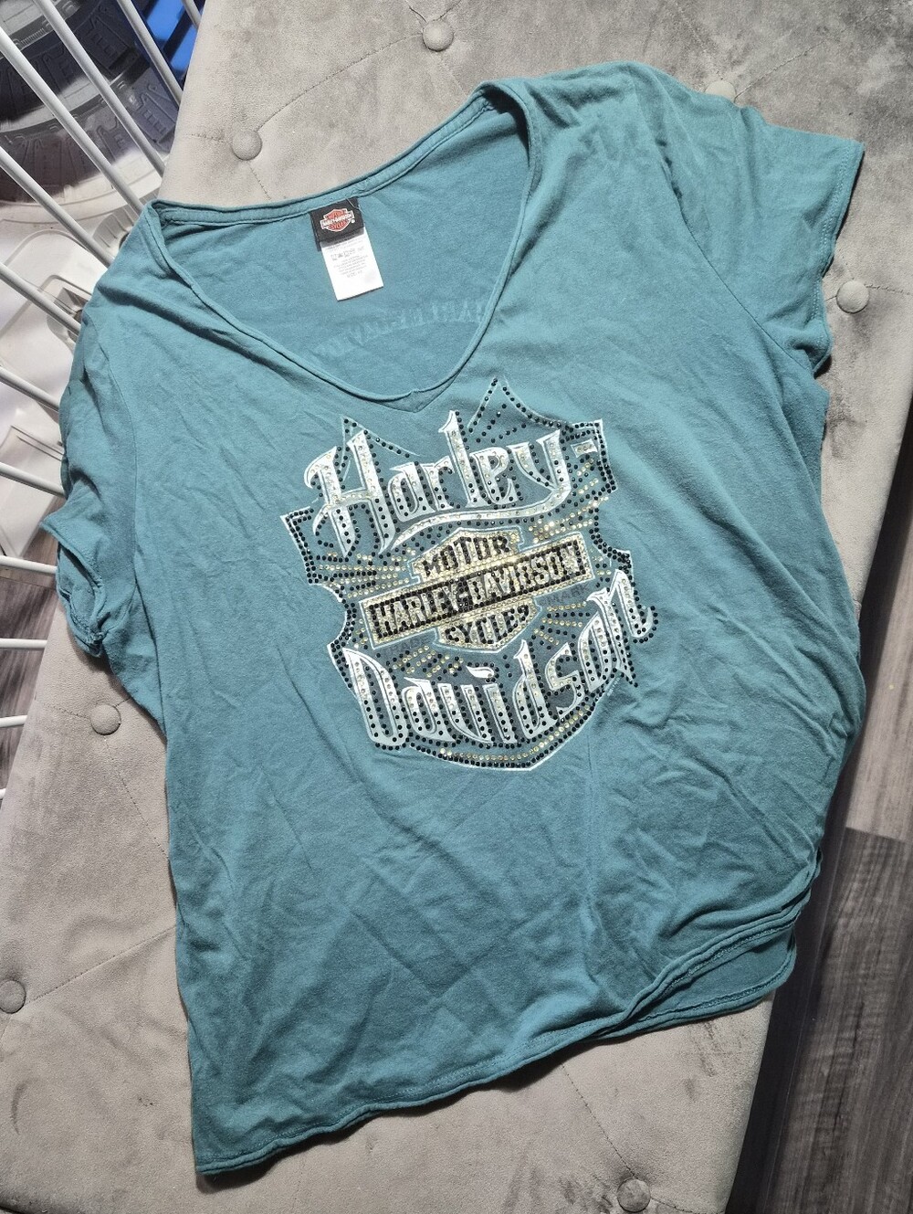 Harley-Davidson Teal Bedazzled Logo V-Neck Tee Y2K Bling 1x